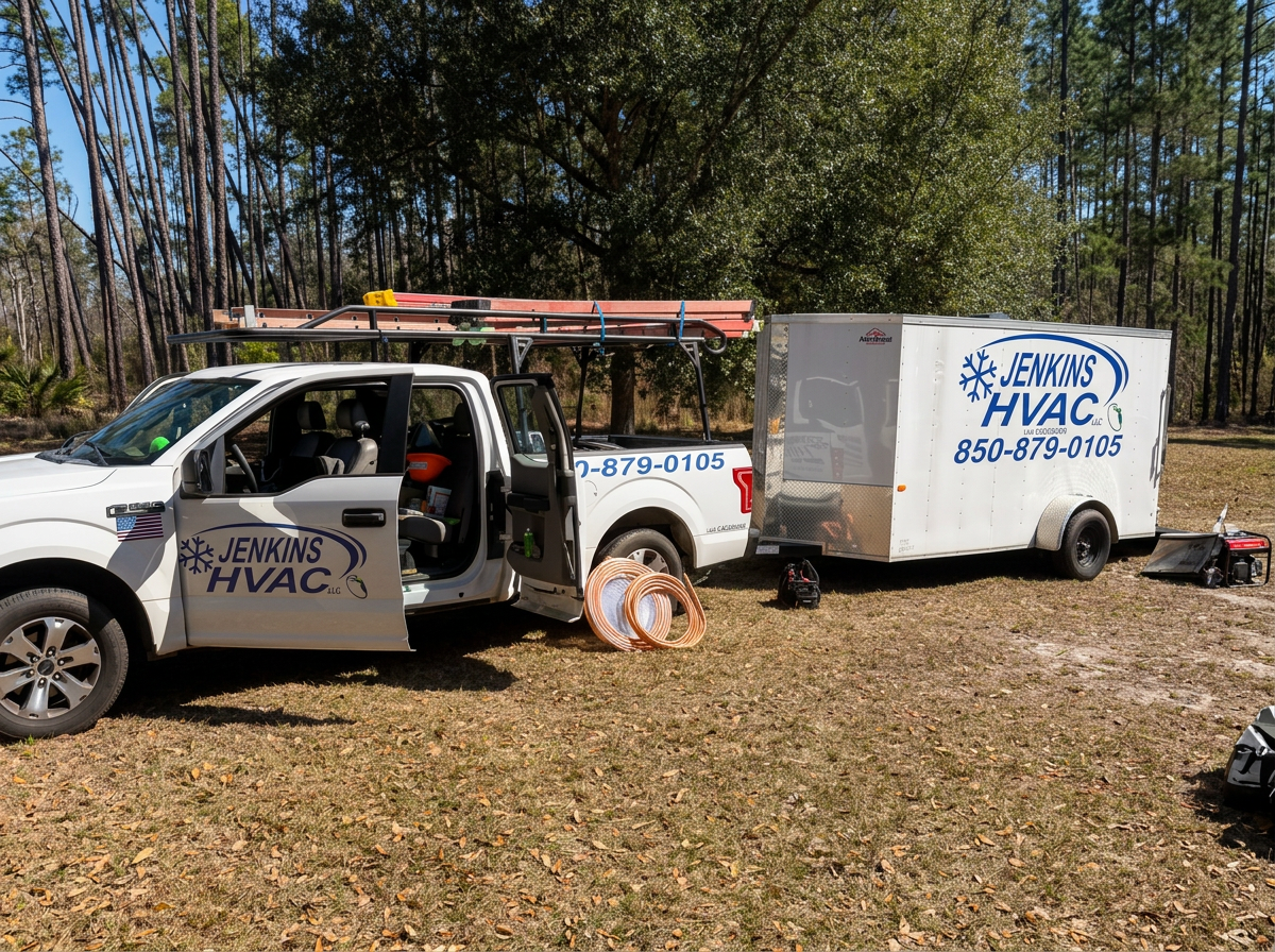 Jenkins HVAC LLC service truck and trailer in Gadsden County, FL