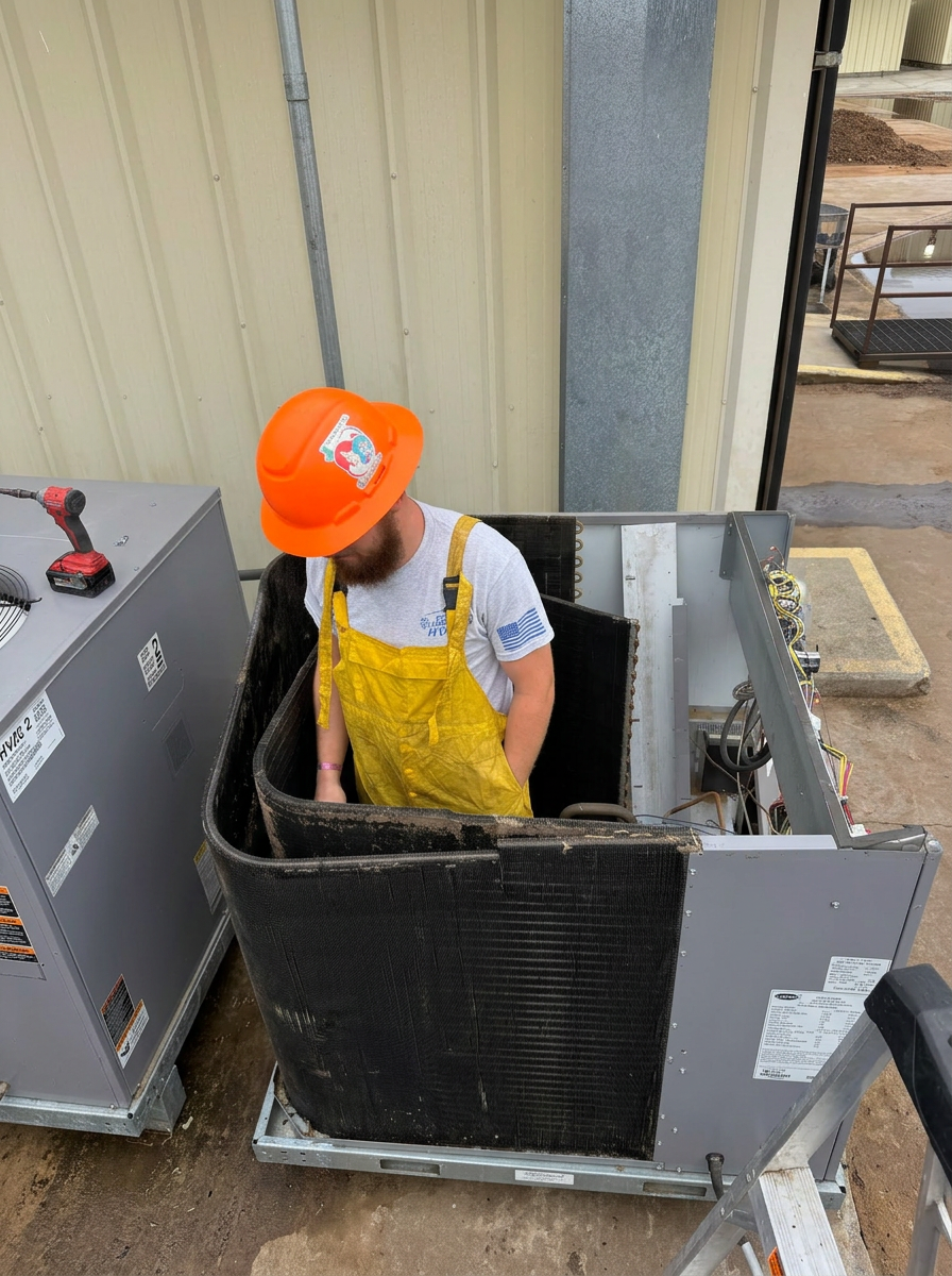 Jenkins HVAC technician servicing a rooftop commercial unit