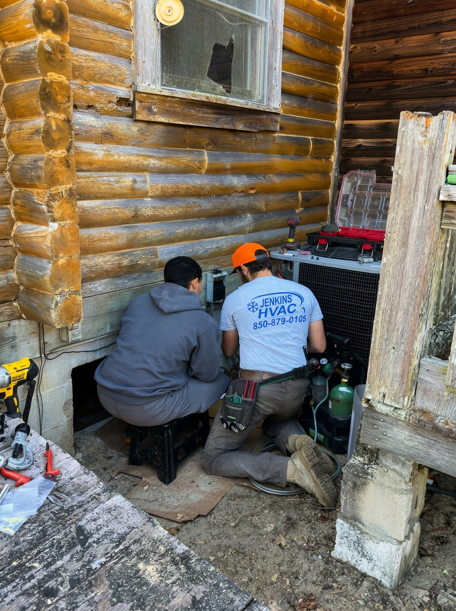 Jenkins HVAC team installing a new AC unit at a log home